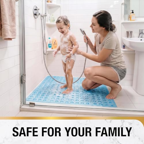 HITSLAM Square Shower Mat 27x27 Inch, Extra Large Non Slip Shower Mats for Inside Shower Stall, Anti Slip Bath Floor Mat with Strong Suction Cups & Drain Holes, Machine Washable, Blue - color: Blue