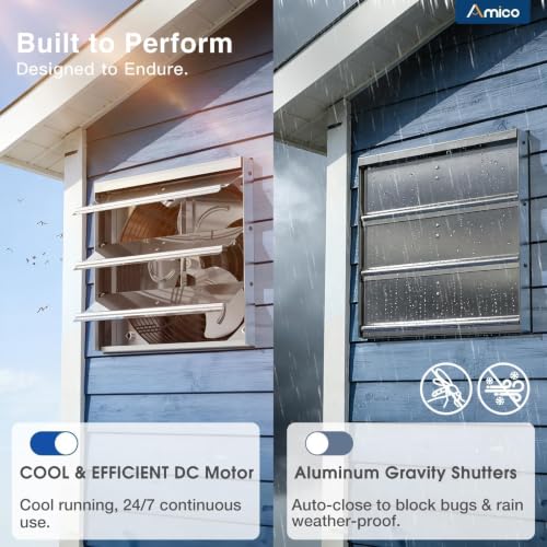 Amico 10" Shutter Exhaust Fan, Remote 9-Speed 13W DC Motor, 1000 CFM | Energy-Efficient Wall Mount Ventilation Fan, Garage, Greenhouse, Attic, Chicken Coop, Plug&Play 8-Hr Timer, 3-Year Protection - size: 10 inch