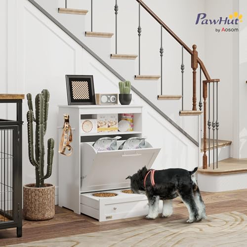 PawHut Dog Feeding Station with Raised Bowls, Pet Feeder Station, White | Dog Food Storage Cabinet, Hanger for Feeding & Watering Supplies - color: White