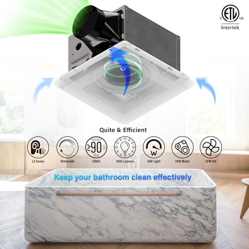 2 In 1 Bath Fan With LED Light, 25W Ceiling Mount Ventilation Fan and Light Combo for Bathroom and Home, 100CFM, 120V, 1000LM, 5CCT Seletable, Dimmable & Wet Rated, ETL Certified - size: 100CFM with Light