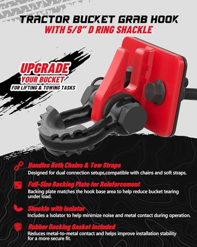 Tractor Bucket Grab Hook with 5/8" D-Ring Shackle Combo, Bolt-On Tow Hook and D-Ring Shackle, Matching Backing Plate, Rubber Gaskets & Isolators, 20000LBS Breaking Strength, 2 Set, Red&Black - color: Red&Black