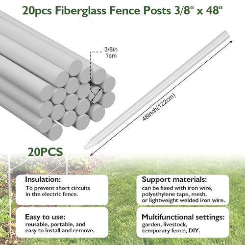 20 Pcs Fiberglass Fence Posts 3/8" x 48" White Fiberglass Rods Garden Stakes Fencing for Plants Tree Stakes DIY Projects Crafts Livestock Containment Temporary Electric Fence - size: 3/8" x 48"