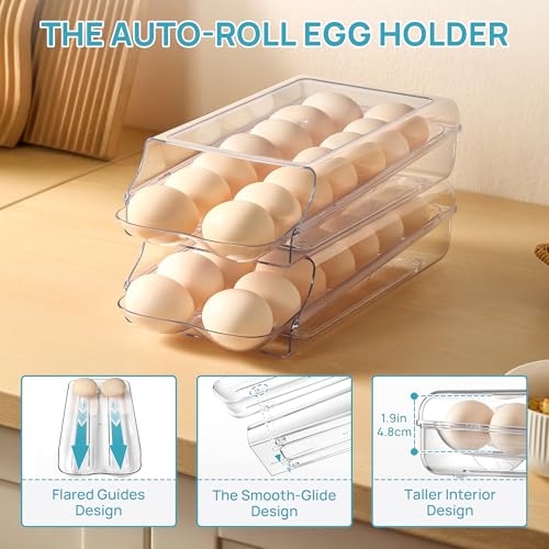 Vtopmart 2 Pack Egg Holder for Fridge, Automatic Rolling Egg Container | Stackable Clear 14-Count Eggs Organizer with Removable Inner Tray, Egg Storage for Refrigerator, Space Saving
