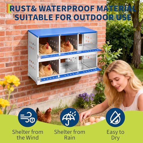 50.39" Metal Chicken Nesting Box, 4-Compartment Poultry Nest Box with Perch and Ventilation Holes, Blue Roof Hen Laying Box for Up to 8 Chickens - color: Blue A, size: 37.8"L x 18.9"W x 28.0"H