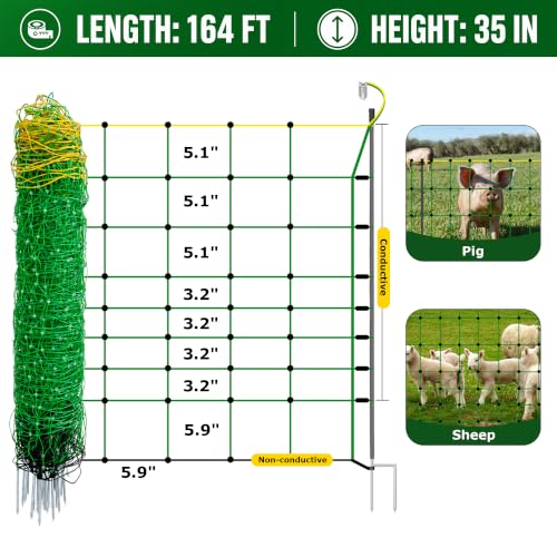 Electric Fence Netting 35.4" x 164', Portable Livestock Fencing with Fiberglass Posts, High Visibility, Safe & Humane Shock for Goats, Sheep, Hogs, Dogs & Predator Control, Need Energizer - size: 35.4in H*164ft L