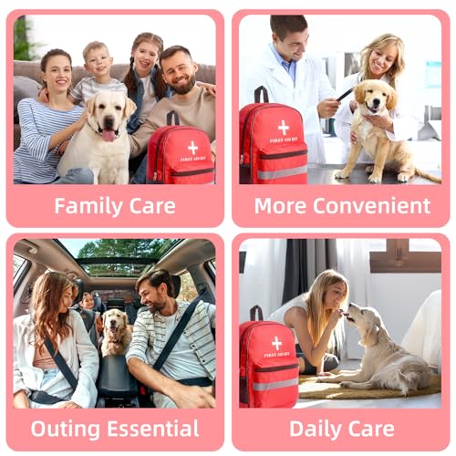 First Aid Bag Empty 4-Piece Set with Large First Aid Backpack, 2 Portable Pouches & Carry Medical Bag for Pet, Car, Travel, Camping, Emergency Supplies Storage (Red Gray)