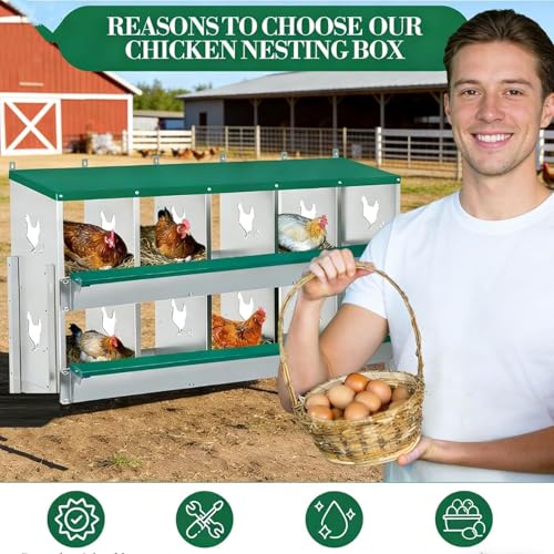 Chicken Nesting Box, 10 Compartments Nesting Box with 4 Fake Eggs & 10 Soft Nest Pads, Wall Mounting for Easy Egg Collection, Heavy Duty Galvanized Steel Rustproof Laying Box with Vented & Easy Clean - size: 10 compartment