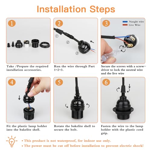 8 Pack E26 E27 Light Sockets, Black Threaded Keyless Lamp Socket | Medium Screw Base Lamp socket Replacement with Shade Ring, Retro Style E26 DIY Light Bulb Sockets Cover Pendant Lamps Holder