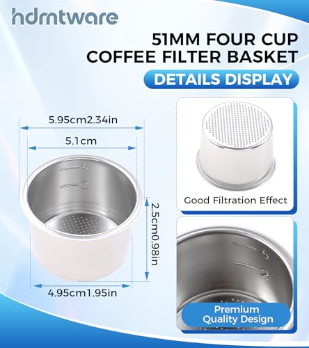 3 Pack Espresso Machine Parts 51mm Stainless Steel Coffee Filter Basket | Reusable Coffee Filter Silver Portafilter Basket, Single/Double/Four Cup Single Wall Coffee Pressurized Porous Filter
