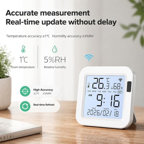WiFi Temperature Humidity Monitor: Upgraded Smart Temperature and Humidity Sensor with Large Backlit LCD Screen & App Alerts, Indoor Thermometer Hygrometer Compatible with Alexa Google Assistant