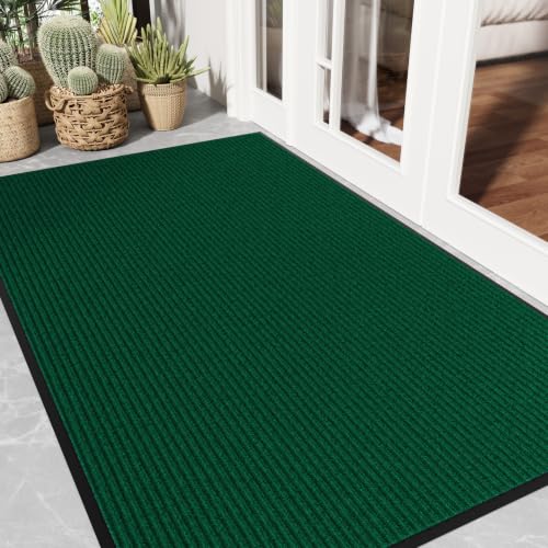 Front Door Mat Outside Entrance, Non-Slip Heavy Duty Doormat, 3'x5' | Green Striped, Trap Dirt & Absorb Moisture, Low Profile, Non-Slip Backing, All Weather, Welcome Floor Mat for Entryway Patio - color: Green Striped, size: 3' x 5'