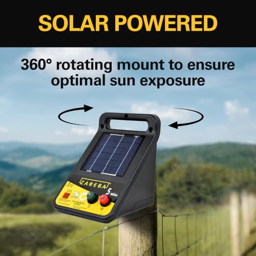 Zareba Solar Electric Fence Charger, 5 Mile Range Low Impedance Energizer | 360-Degree Rotation, T-Post Mounting Bracket, Rotational Grazing Fence Charger for Livestock & Cattle, Contain Animals