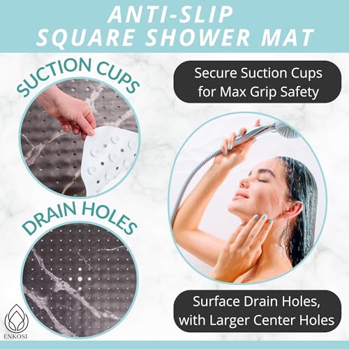 ENKOSI Square Shower Mat 21 x 21 – Anti Slip Shower Mat with Secure Suction Cups and Drain Holes – Square Shower Stall Floor Mats with Black Marble Design (Marble Black 21x21) - color: Marble Black