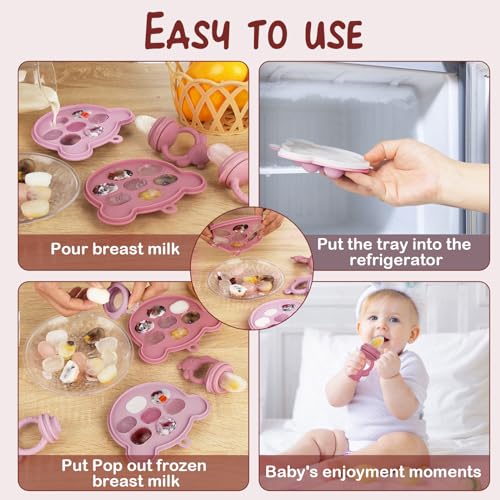 Baby Breastmilk Popsicle Molds & Baby Fruit Feeder (6 Pack), WAJIAYON Infant Food Freezer Tray Storage Containers, Silicone Teething Pacifier Feeder and Teether for Babies - color: 3-Pink