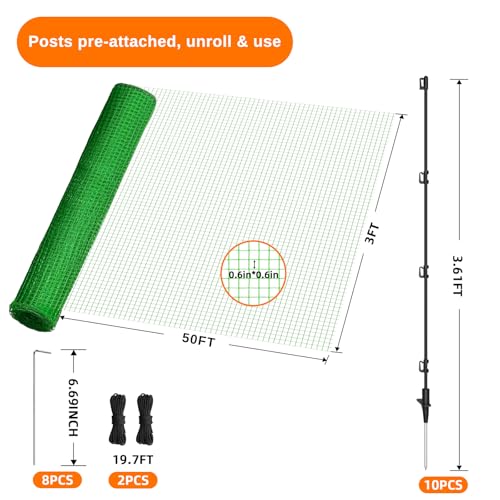 Temporary Fencing, 3' x 50' Portable Dog Fence with 10 Step-in Posts | Ground Stakes & Wind Ropes, Plastic Mesh Snow Safety Barrier for Garden, Backyard, Yard & Outdoor Animal Protection (Green)