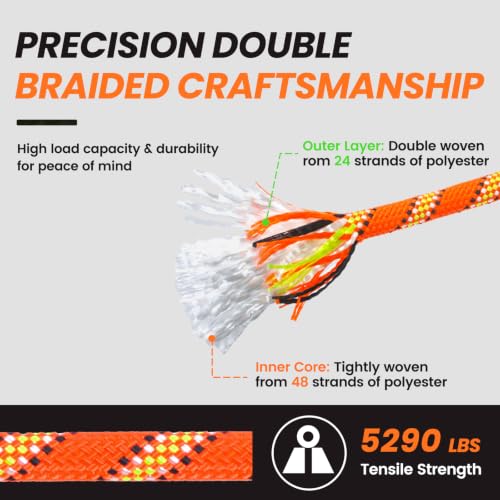 RIOOP Double Braid Polyester Rope, 1/2 in x 50 ft Heavy Duty Bull Rope | 48 Strands, 5290lbs Breaking Strength, for Tree Work, Camping, Hiking, Swing, Sailing and Indoor Outdoor Use, Orange - size: 1/2in x 50ft, style: Orange