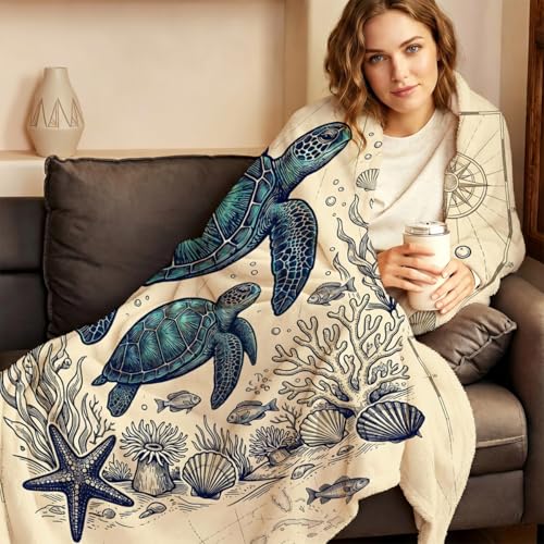 Vintage Nautical Turtle Throw Blanket, Flannel Fleece 40" x 50" | Yujiiso Vintage Nautical Sea Turtle Blanket Lightweight Decor for Living Room, Bedroom, Office and Travel, Home Decor Gift - color: Vintage Nautical Sea Turtle, size: 40"x50"