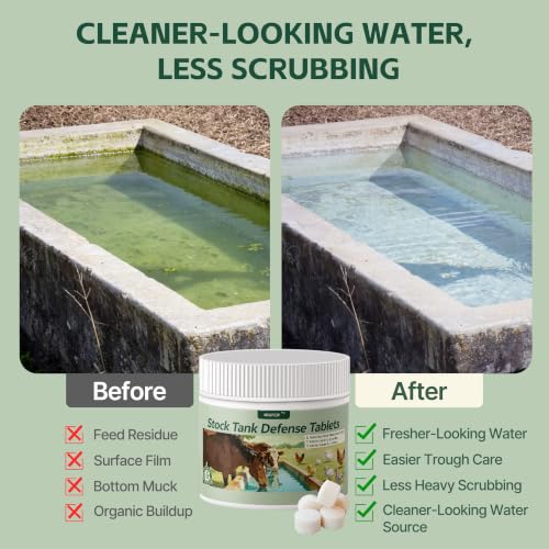 Stock Tank Defense Tablets for Livestock Water Troughs, Helps Reduce Feed Residue, Surface Film and Visible Buildup for Horses, Cattle, Goats, Sheep and Chickens, Easy & Animal-Safe Care, 300 Count