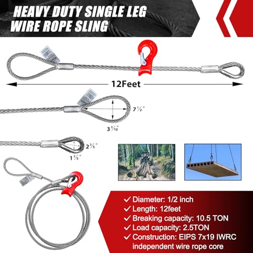 Single Leg Wire Rope Sling, 1/2" x 12' Log Choker Cable Rigging | 10.3T Capacity, EIPS 7x19 IWRC, Flemish Loop & Turnback Eye w/Thimbles, 2 Forged Metal Sleeves, Sliding Choker Hook Design - size: 1/2"x12'(10.3Ton)