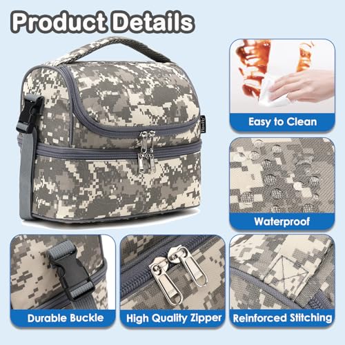 FlowFly Kids Double Decker Cooler Insulated Lunch Bag Large Tote for Boys, Girls, Men, Women, With Adjustable Strap, Digital Camo - color: Digital Camo