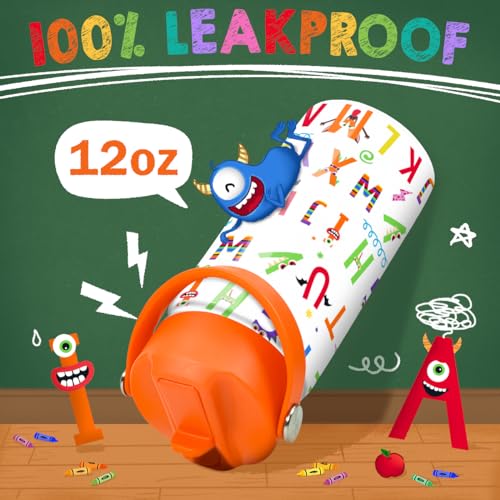 SANDJEST Kids Water Bottle with Straw Lid - 12 Oz Alphabet Insulated Stainless Steel Water Bottles for Kid Girl Boys - Travel Cup for School Sports - color: Alphabet
