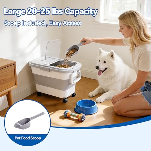 Dog Food Storage Container 20-25lbs, Airtight Pet Food Bin with Locking Lid & Clear Window, Collapsible Rolling Storage Container with Wheels and Scoop, Gray - color: Gray-M