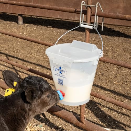 Premier 1 Orphan Calf Milk Feeding Bucket - 2 Gallon | Transparent for milk monitoring. Sloped floor — all liquid consumed. Includes rubber calf teat, teat unit & lid.