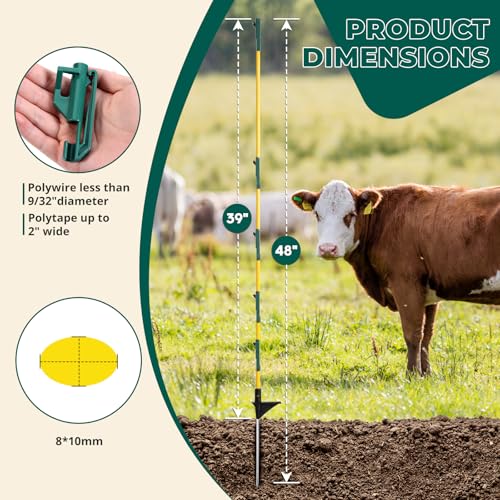 48In/4FT Fiberglass Step-in Electric Fence Posts | 5 Large Clips, Holds Wire, Poly Tape, and Poly Rope, Livestock Control | Lightweight, Anti-Rotation