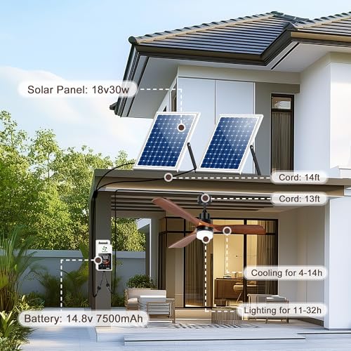 Solar Outdoor Ceiling Fan 52" with Battery and Smart Thermostat | Wood Walnut Fan, 2PCS 30W Bifacial Panels, Built-in Light, 3 Speeds, for Barn, Patio, Stable, Gazebo, Adjustable Temp Control - size: 52 inch