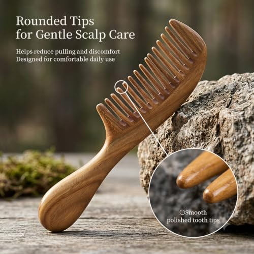 Onedor Handmade 100% Natural Green Sandalwood Hair Combs - Anti-Static Sandalwood Scent Natural Hair Detangler Wooden Comb (Wide Tooth),1 Count (Pack of 1) | Handmade, 0.15 in Tooth Spacing, Smooth Rounded Teeth, Helps Reduce Static, Less Pulling, Wavy Th