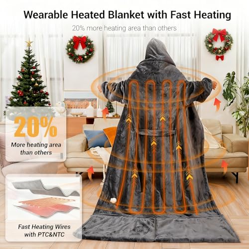 Wearable Heated Blanket for Women with Removable FootPocket,Electric Snuggle Heated Blankets Hoodie with Sleeves Heated Robe Flannel & Sherpa Heating Throw Blanket Shawl with 9 Temp for Winter 50"x80" - color: Dark Gray, size: 50"×80"