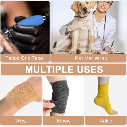 48 Pack Self Adhesive Bandage Wrap, 2” x 5 Yards Cohesive Medical Tape Elastic Grip Tape Black Sports Tape Athletic for Ankle, Wrist Sprains, Pet First Aid (Brown) - color: Brown