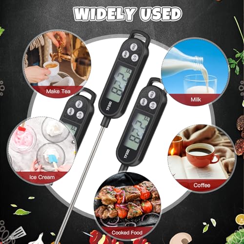 6 Pcs Instant Read Meat Thermometer Long Probe,Black | Probe Waterproof Digital Thermometer, For Cooking BBQ Water Milk Liquids, Quick Accurate Food Temperature - color: Black