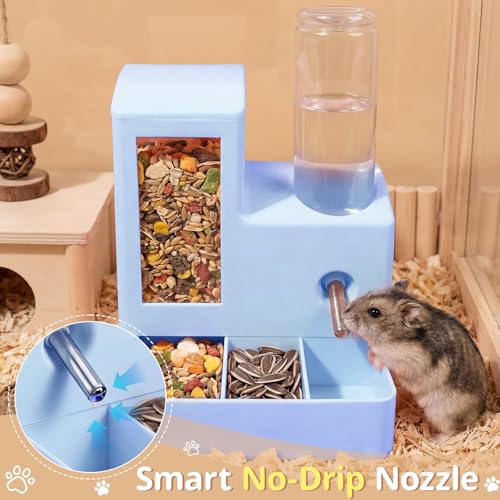2 in 1 Hamster Water Bottle, No Drip 120ml Hamster Water Bottle, Gravity Hamster Food Bowl with Snack Bowl, Hamster Cage Accessories for Cage for Guinea Pigs