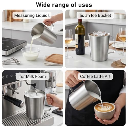 304 Stainless Steel Measuring Cup 64 OZ/2 L Measuring Pitcher with Handle | 8 Cups, Metal Milk Frothing Pitcher with OZ/ML Graduations for Latte Art, Espresso Machine