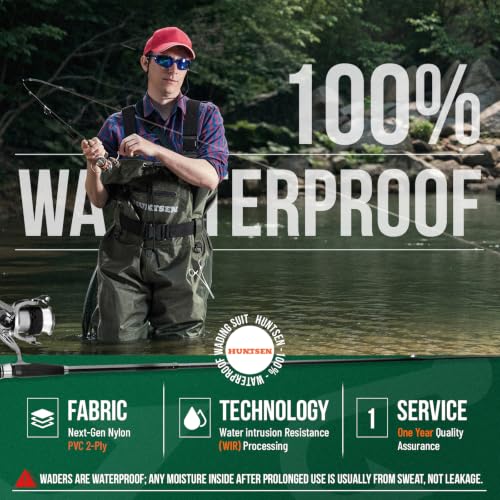 HUNTSEN Fishing Waders for Men Women - 2-Ply Nylon/PVC Waterproof Hunting Chest Waders with Boot Hanger&Phone Case, Size9-13 - color: Green, size: 11