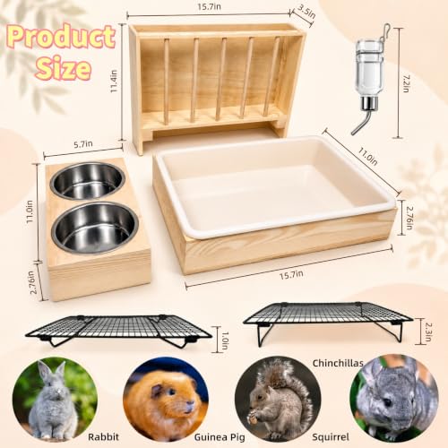 3 in 1 Rabbit Hay Feeder with Litter Box and 2 Bowls, Solid Wood Bunny Feeder with Adjustable Mental Hay Rack, Water Feeder, Cleaning Kit for Rabbits, Guinea Pigs, Chinchillas, Hamsters