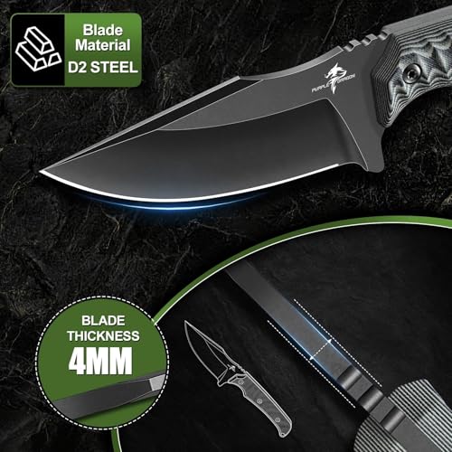Purple Dragon Fixed Blade Knife - Full Tang Hunting Knife Gray | Kydex Sheath, Forged from a Single Piece of D2 Steel, G10 Handle, Gift Box - size: 3.2 inch