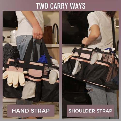 SCAVATA Wearable Cleaning Caddy, Cleaning Caddy Supplies Organizer with Handle & Shoulder Straps for Housekeepers, Under Sink & Car Cleaning Tool Organizers Bag with 4 Foldable Divider (Pink) - color: Pink