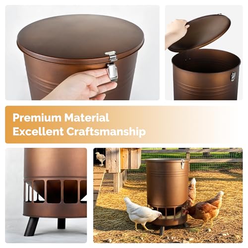 Solution4Patio 50LB No-Waste Chicken Feeder, Large Capacity Gravity Dispenser with Spill Control & 16 Feeding Ports Poultry Feeder for Outdoors & Hen Coop (Brown) - color: Brown