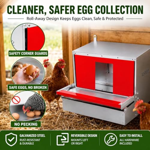 Chicken Nesting Box, Metal Chicken Laying Box with Roll Away Egg Collection | Reversible Wall Mountable Chicken Coop Nesting Boxes for Hens, Ducks, 24"×17.5"×20.3", Up to 20 Hens