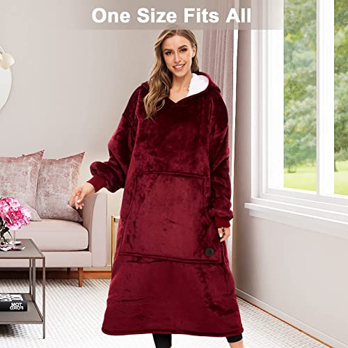 THREE POODLE Wearable Blanket Hoodie, Oversized Sherpa Sweatshirt Blanket for Adults Women Men, Warm Cozy Hooded Blanket, Gifts for Mom Girlfriend - color: Burgundy, size: Adult-Extra Long