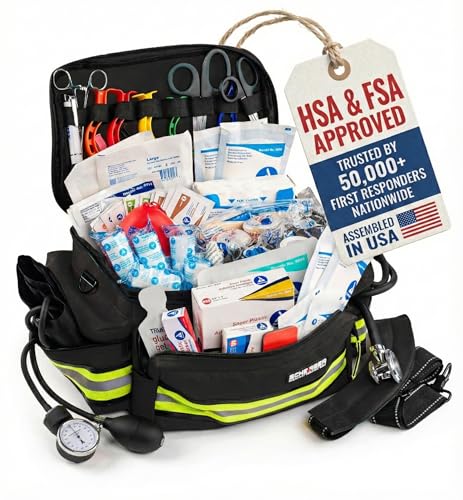 Scherber First Responder Fully-Stocked Professional Essentials EMT/EMS Trauma Kit | HSA/FSA Approved | Reflective Bag w/8 Zippered Pockets & Compartments & 200+ First Aid Supplies - Black - color: Black