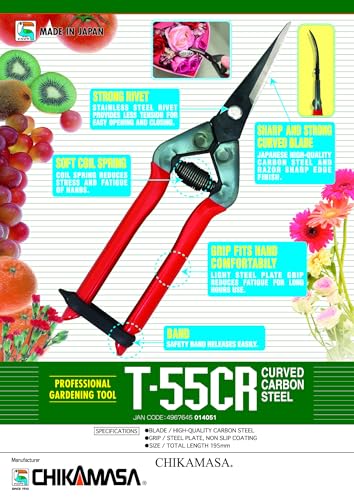CHIKAMASA T-55CR, Professional Trimming Precise Curved Blade Scissors, Carbon Steel with razor-sharp edges, Curved Blade for precise trimming, harvesting vegetables and fruit, Black/Red