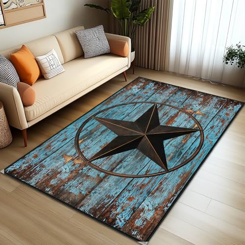 Western Area Rug 4x6,Rustic Barn Texas Star on Old Wooden Plank,Teal Carpets for Living Room,Ultra-Thin Washable Throw Rugs Indoor Non Slip Accent Floor Mats for Bedroom,Dining Room,Laundry Room - size: 4'x6'