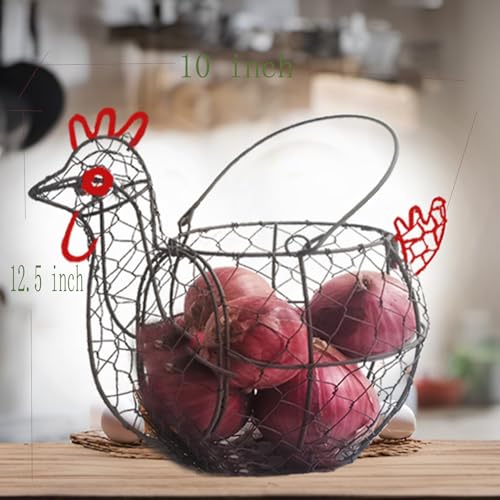 Chicken Egg Basket for Gatheirng Fresh Egg,Wire Egg basket | Rooster Shaped Egg Collection Basket,Metal Egg Collecting Basket with Handle, Farmhouse Countertop Decor Kitchen