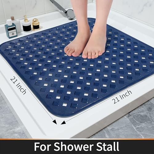 Yimobra Square Shower Mat Non Slip, Super Strong Suction Cups, 21"X21" Bath Tub Mat with Drain Holes, Machine Washable Fast Draining Bath Mats, Bathroom Essentials,Navy Blue - color: Navy Blue, size: 21 X 21 Inch