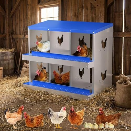 Chicken Nesting Box, 6 Compartment Galvanized Steel Chicken Laying Boxes, Heavy Duty Rustproof Chicken Coop with Easy Egg Collection for Backyard Farms - Wall Mountable, Blue