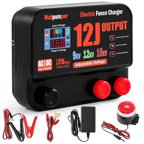 13 Joule Electric Fence Charger, 13 Joule Stored / 12 Joule Output Electric Fence Energizer, Adjustable 9KV 12KV 15KV Output Voltage, Range 25 Miles, Dual Power 12V DC / 100-240V AC, with Alarm