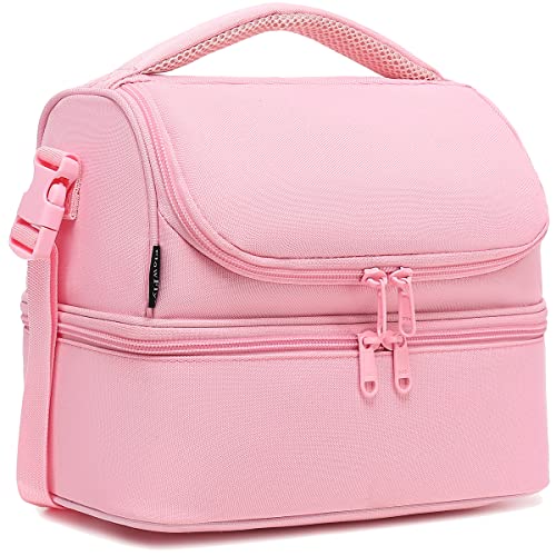 FlowFly Double Decker Cooler Insulated Lunch Bag Large Tote for Boys, Girls, Men, Women, With Adjustable Strap,Pink - color: Pink#All
